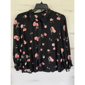 H&M Black Floral Crop Top Button Down Long Sleeves